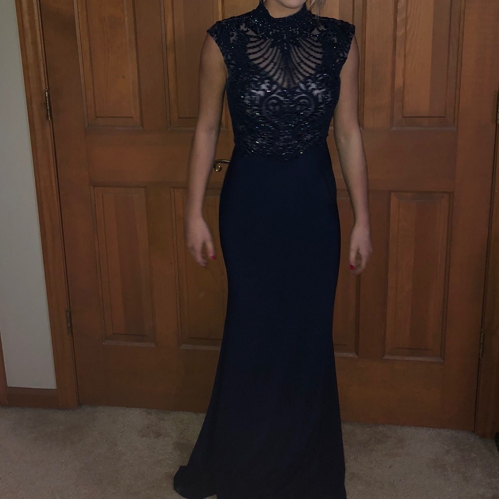 ATHENA PROM 8212 Navy Blue Sequin Velvet Sheath Dress